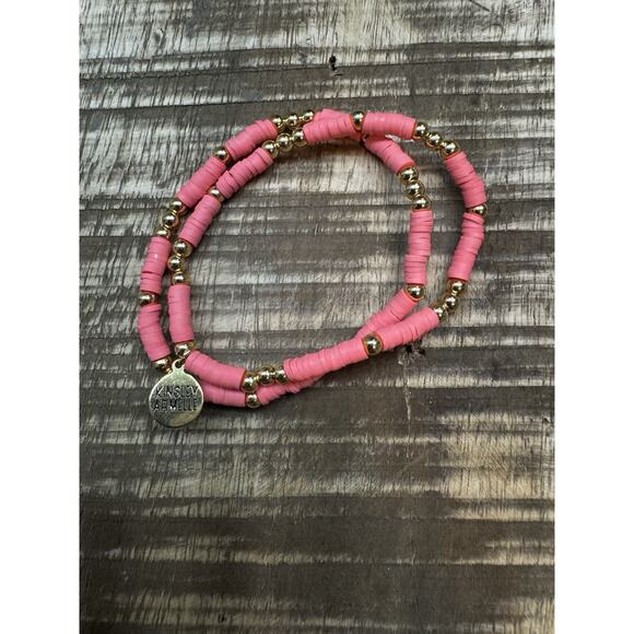 Kinsley Armelle Average Length Set Of 2 Coral Gold Stretch Bracelets Preowned - Picture 2 of 2